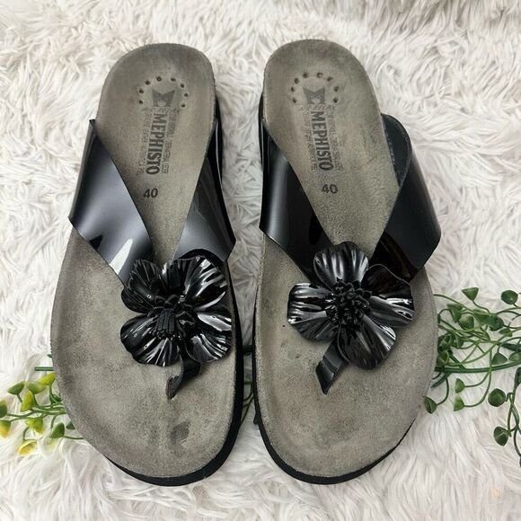 Mephisto Patent Leather Flower Slide Sandal Comfort Black size EU 40/ US 10 - Picture 2 of 5